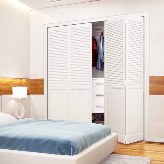 Kimberly Bay Traditional Louver-Panel Solid Core White Wood Bi-fold Door