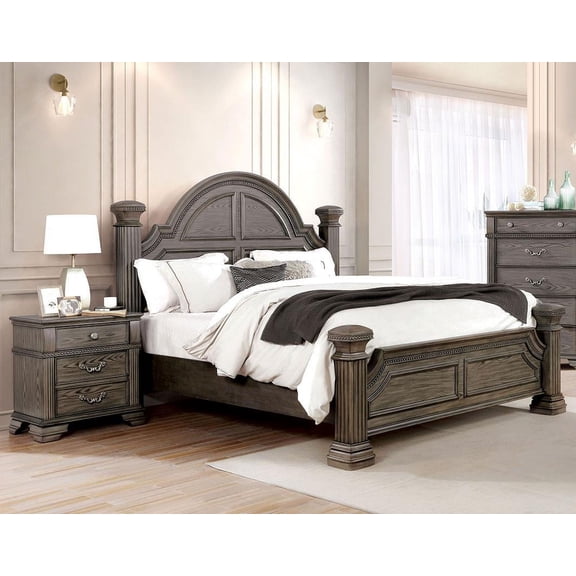 Traditional Luxurious Eastern King Size Bed 1pc Antique Grey Posts Design Bedframe Unique Arched Headboard Footboard