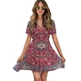 thumbnail image 1 of Traditional Luxury Dark Red Women Dress V-Neck Short Sleeve Flowy Swing Party Midi Dress, 1 of 4