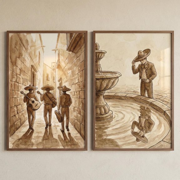 Traditional Mariachi Band Mexican Culture Sepia Charro Musician Mexico Decorative Nursery Poster, Set 2, Poster Only