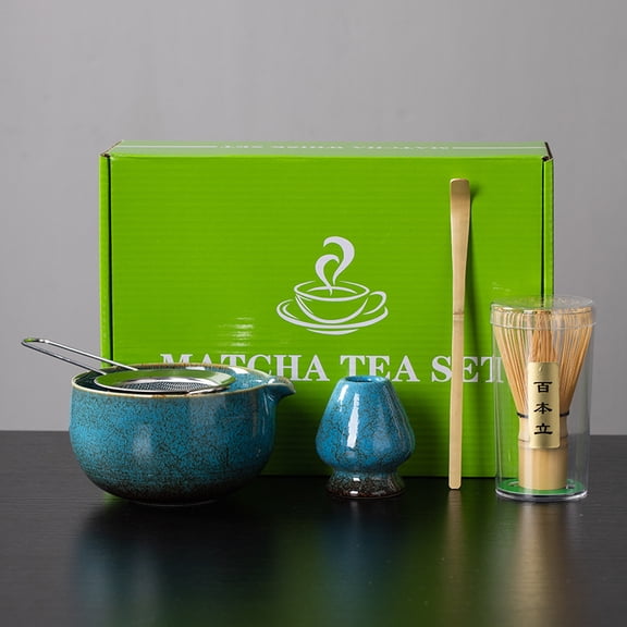 Traditional Matcha Tea Ceremony Set with Ceramic Bowl, Bamboo Whisk, Stand and Strainer, 5-Piece