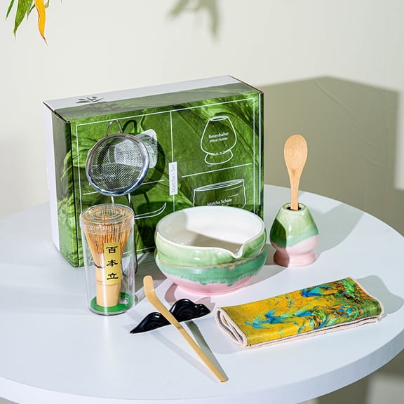 Traditional Matcha Tea Ceremony Set with Ceramic Bowl, Bamboo Whisk, Stand and Strainer, 8-Piece