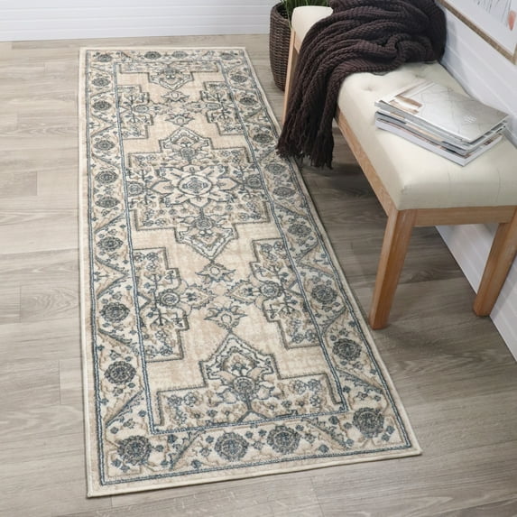 Traditional Medallion Plush Polypropylene Indoor Runner Rug - 2' 7" x 8', Beige by Blue Nile Mills