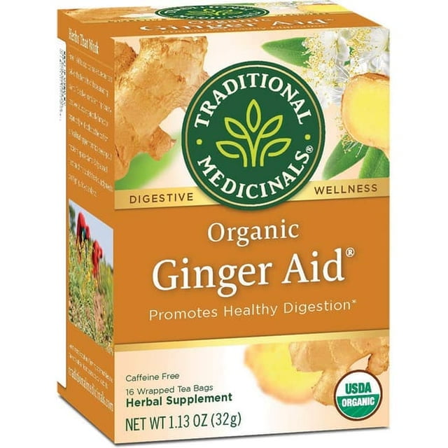 Traditional Medicinal Herbal Ginger Aid, Organic Tea Bags, 16 Count Pack of 4)