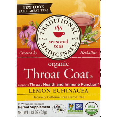 Traditional Medicinal Throat Coat Lemon Echinacea, Organic Tea Bags, 16 Count (Pack of 2)