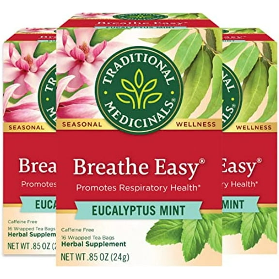 Traditional Medicinals Breathe Easy Eucalyptus Mint Herbal Tea, Promotes Respiratory Health, (Pack Of 3) - 48 Tea Bags Total