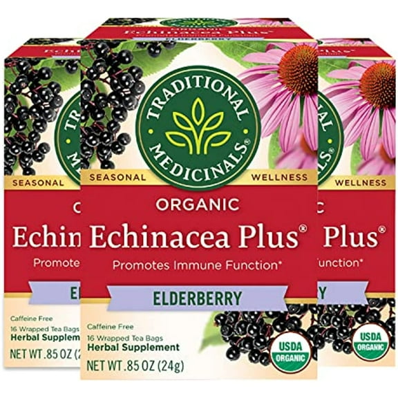 Traditional Medicinals Echinacea Plus Elderberry Seasonal Tea Organic, 16 ct. (Pack of 3)