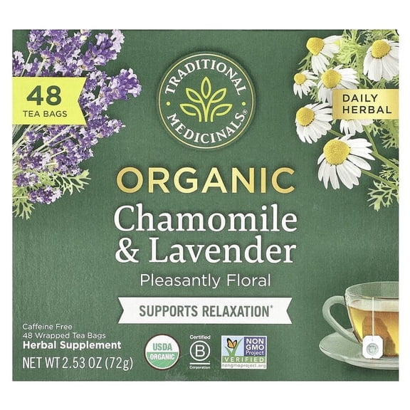Traditional Medicinals, Herbal Tea, Organic Chamomile & Lavender, Caffeine Free, 48 Wrapped Tea Bags, 2.53 oz Pack of 4