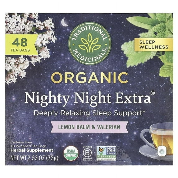 Traditional Medicinals, Nighty Night Extra, Organic Lemon Balm & Valerian, Caffeine Free, 48 Wrapped Tea Bags, 2.53 oz Pack of 2