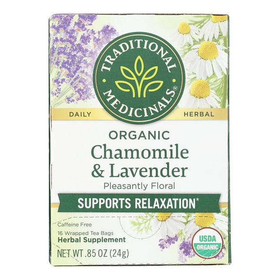 Traditional Medicinals Organic Chamomile with Lavender Herbal Tea - Caffeine Free - 16 Bags, Case of 6