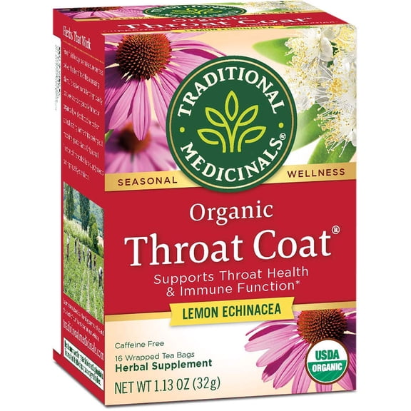Traditional Medicinals Organic Coat Lemon Echinacea Seasonal Tea, Supports Throat Health & Immune Function, 16 Count, (Pack Of 1) Packaging May Vary