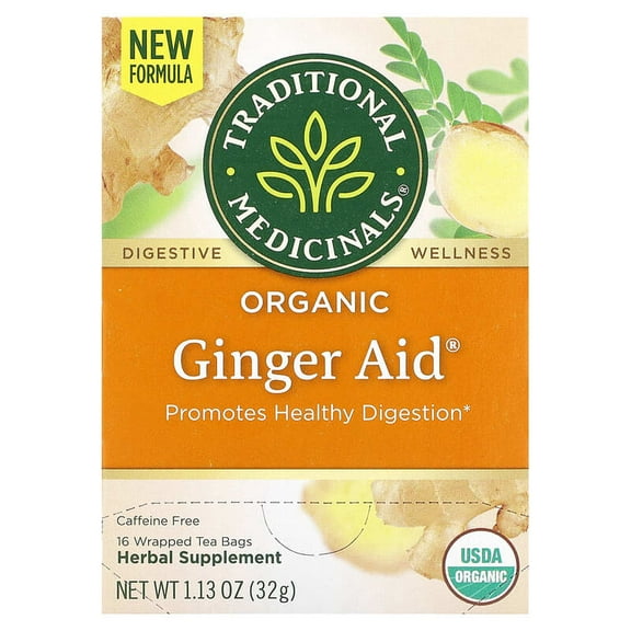 Traditional Medicinals, Organic Ginger Aid, Caffeine Free, 16 Wrapped Tea Bags, 1.13 oz Pack of 2