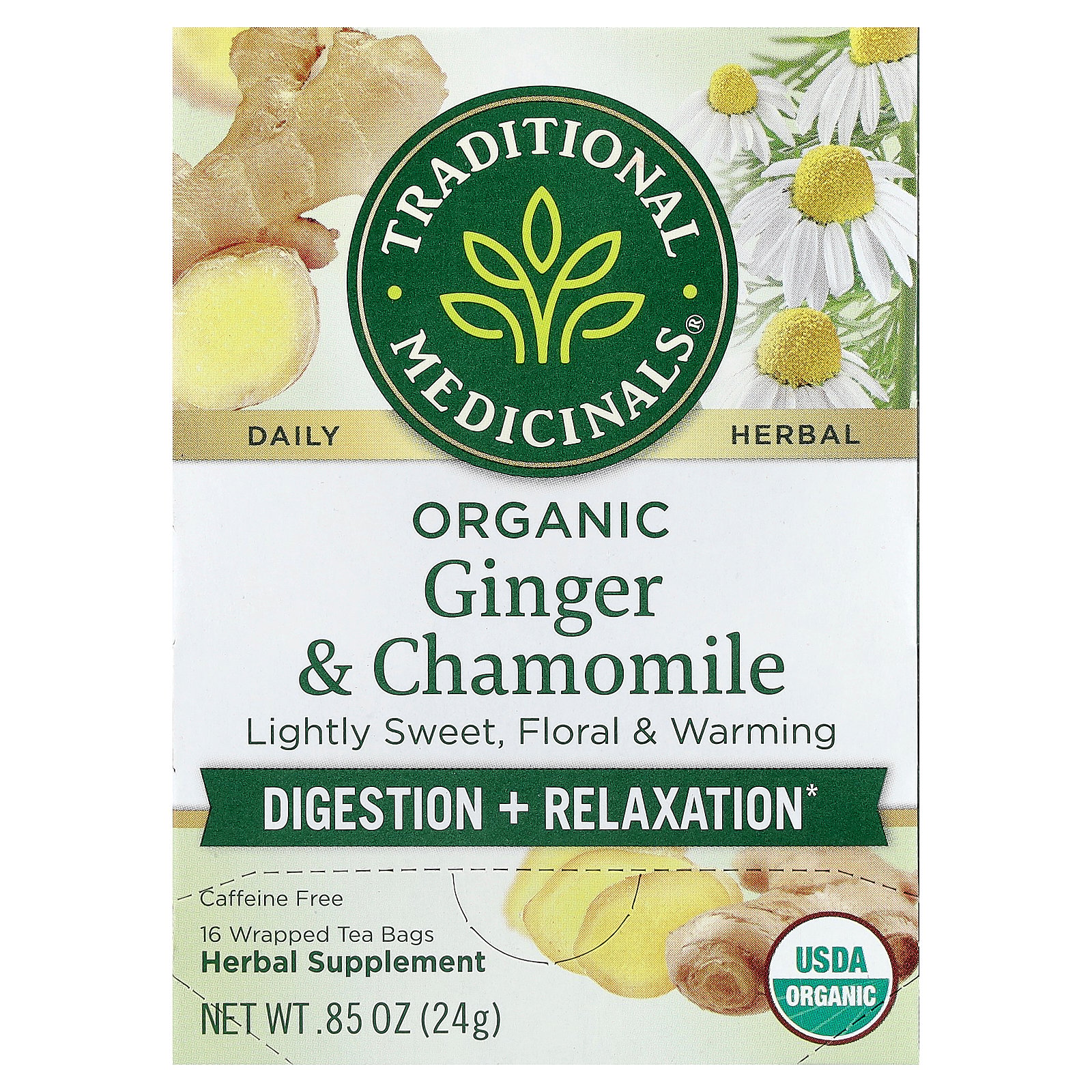 Traditional Medicinals Organic Ginger Chamomile Herbal Tea Bags 16 Ct