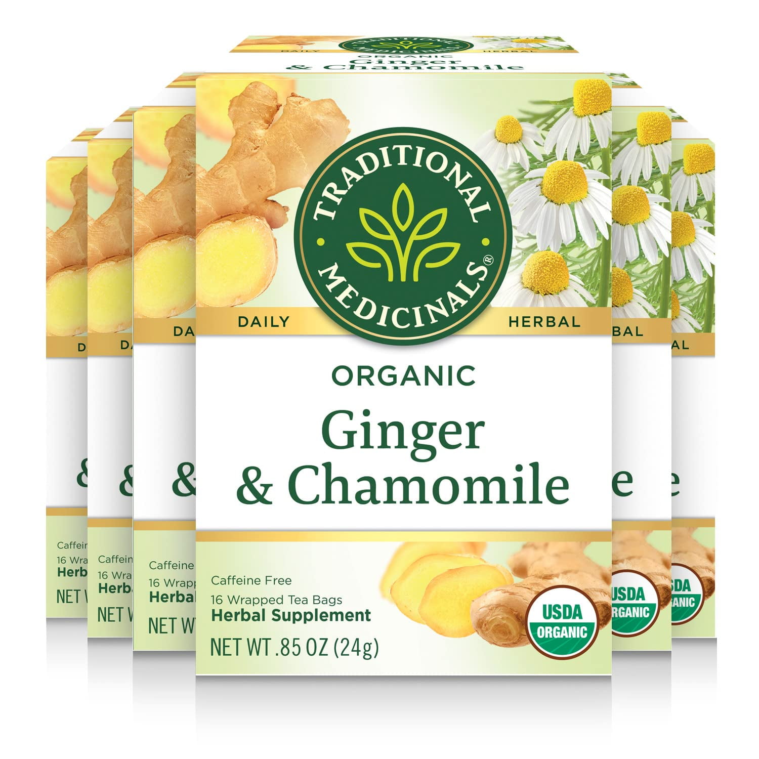 Traditional Medicinals Organic Ginger with Chamomile Herbal Tea, Relieves Occasional Indigestion or Nausea, (Pack of 6), 96 Count