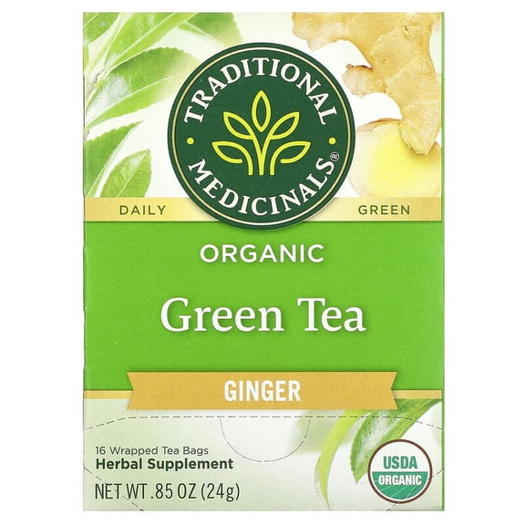Traditional Medicinals, Organic Green Tea, Ginger, 16 Wrapped Tea Bags, 0.85 oz Pack of 2