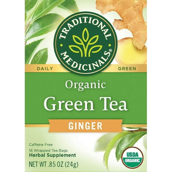 Traditional Medicinals, Organic Green Tea, Ginger, 16 Wrapped Tea Bags, 0.85 oz Pack of 2