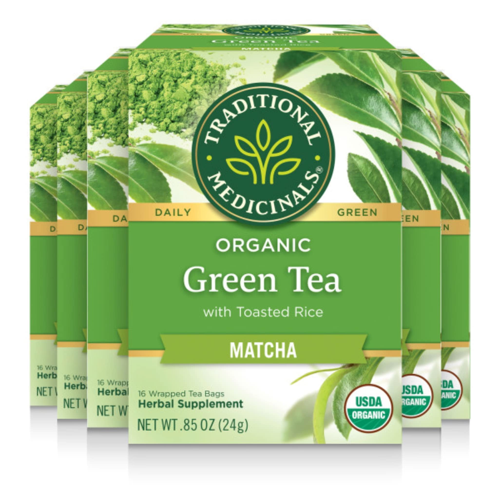 Traditional Medicinals Organic Green Tea With Toasted Rice, Matcha, 16 Count (Pack of 6)