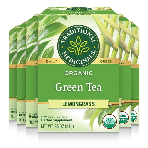 Traditional Medicinals Organic Green Tea, Mildly Invigorating, 16, Lemongrass,16 Count (Pack of 6)