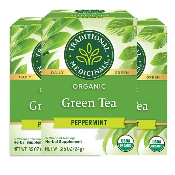 Traditional Medicinals Organic Green Tea Peppermint Herbal Tea, Alleviates Digestive Discomfort, (Pack Of 3) - 48 Tea Bags Total