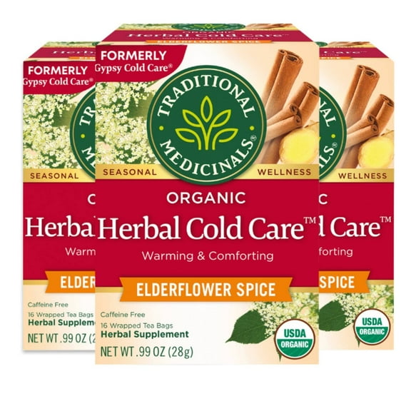 Traditional Medicinals Organic Herbal Cold Care Elderflower Spice Herbal Tea, Warm & Comforting Seasonal Wellness, (Pack Of 3) - 48 Tea Bags Total