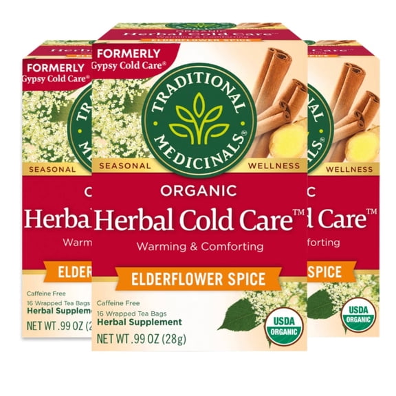 Traditional Medicinals Organic Herbal Cold Care Elderflower Spice Herbal Tea, Warm & Comforting Seasonal Wellness, (Pack Of 3) - 48 Tea Bags Total