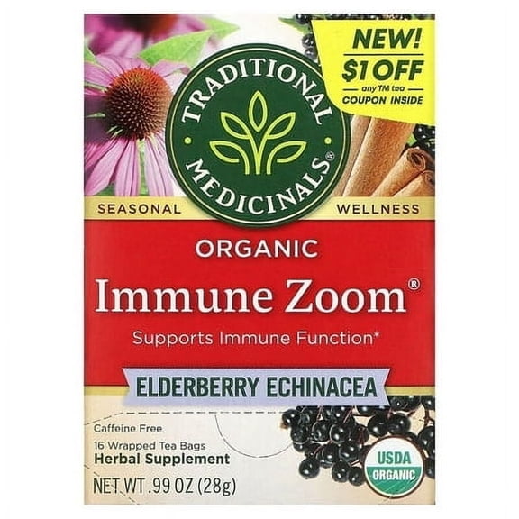 Traditional Medicinals Organic Immune Zoom Elderberry Echinacea Caffeine Free 16 Wrapped Tea Bags 0.06 oz (1.75 g) Each Pack of 3