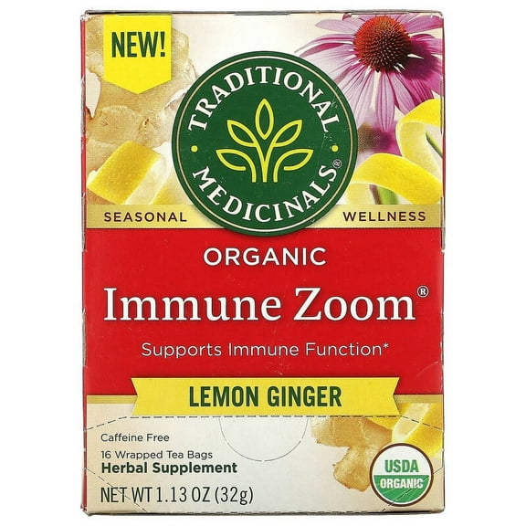 Traditional Medicinals, Organic Immune Zoom, Lemon Ginger, Caffeine Free, 16 Wrapped Tea Bags, 1.13 oz Pack of 4