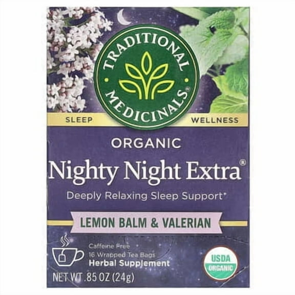 Traditional Medicinals, Organic Nighty Night Extra, Lemon Balm & Valerian, Caffeine Free, 16 Wrapped Tea Bags, 0.85 oz (24 g) Pack of 2