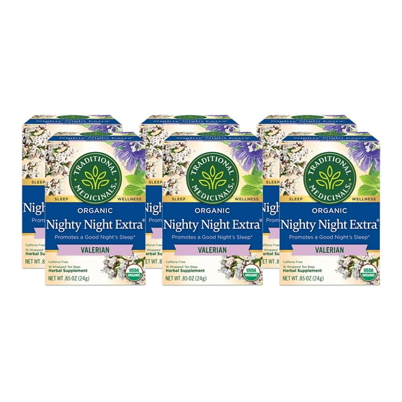 Traditional Medicinals Organic Nighty Night Valerian Herbal Tea - 16 bags per pack - 6 packs per case.