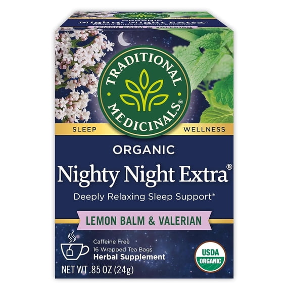 Traditional Medicinals Organic Nighty Night Extra Lemon Balm & Valerian Tea 16 Tea Bags Pack of 4