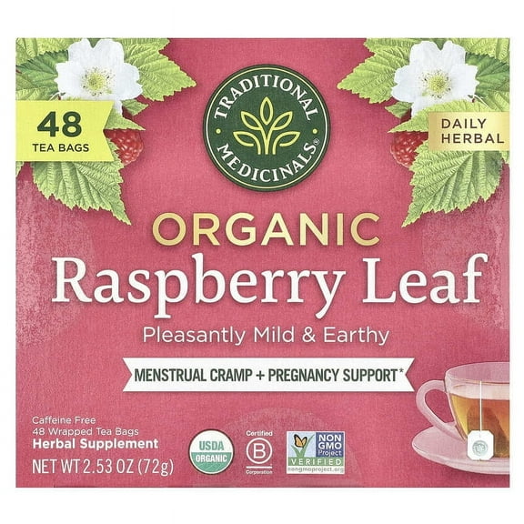 Traditional Medicinals, Organic Raspberry Leaf, Caffeine Free, 48 Wrapped Tea Bags, 2.53 oz Pack of 4