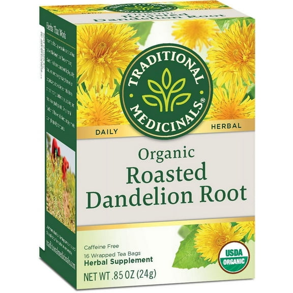 Traditional Medicinals Organic Roasted Dandelion Root Herbal Tea, Supports Healthy Digestion, (Pack of 2) - 32 Tea Bags Total