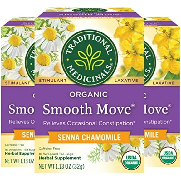 Traditional Medicinals Organic Smooth Move Senna Chamomile Herbal Tea, Relieves Occasional Constipation, (Pack Of 3) - 48 Tea Bags Total