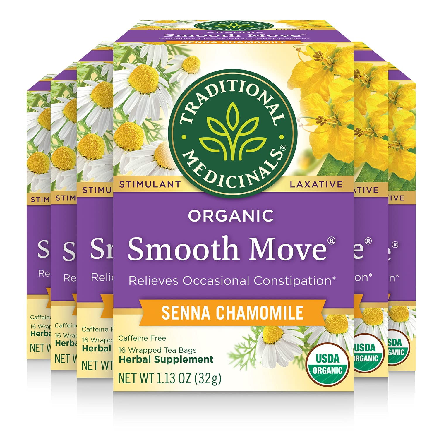 Traditional Medicinals - Organic Smooth Move Senna Chamomile Tea (6 Pack) - Herbal Laxative - Gentle Overnight Relief of Occasional Constipation - Caffeine Free - 96 Tea Bags Total