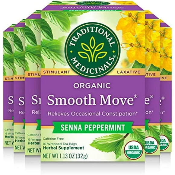 Traditional Medicinals - Organic Smooth Move Senna Peppermint Tea (6 Pack) - Laxative Herbal - Gentle Overnight Relief Of Occasional Constipation - Caffeine Free - 96 Tea Bags Total