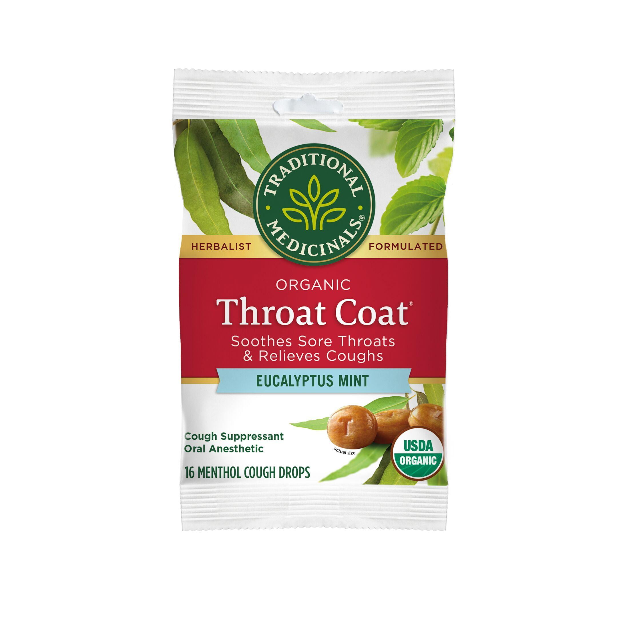 Traditional Medicinals - Organic Throat Coat Drops Eucalyptus Mint - 16 Lozenges