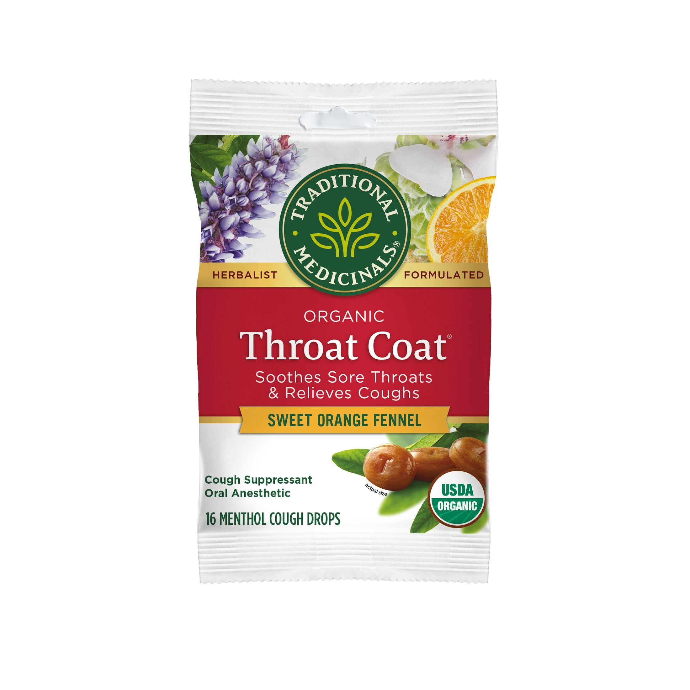 Traditional Medicinals - Organic Throat Coat Drops Sweet Orange Fennel - 16 Lozenges