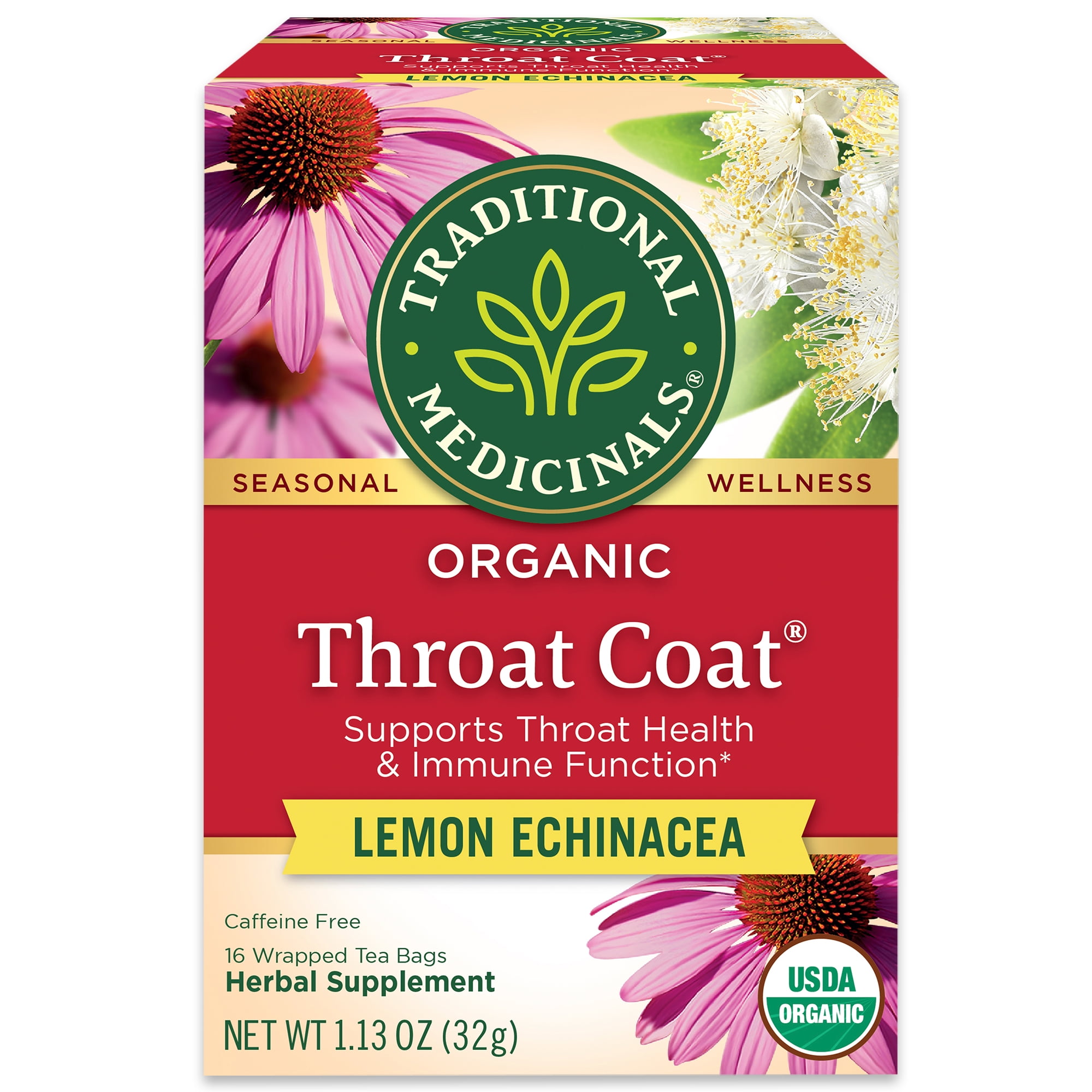 Traditional Medicinals Herbal Tea Organic Seasonal Throat Coat Lemon Echinacea - 16 Count