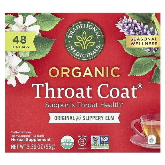 Traditional Medicinals, Organic Throat Coat, Original with Slippery Elm, Caffeine Free, 48 Wrapped Tea Bags, 3.38 oz Pack of 4