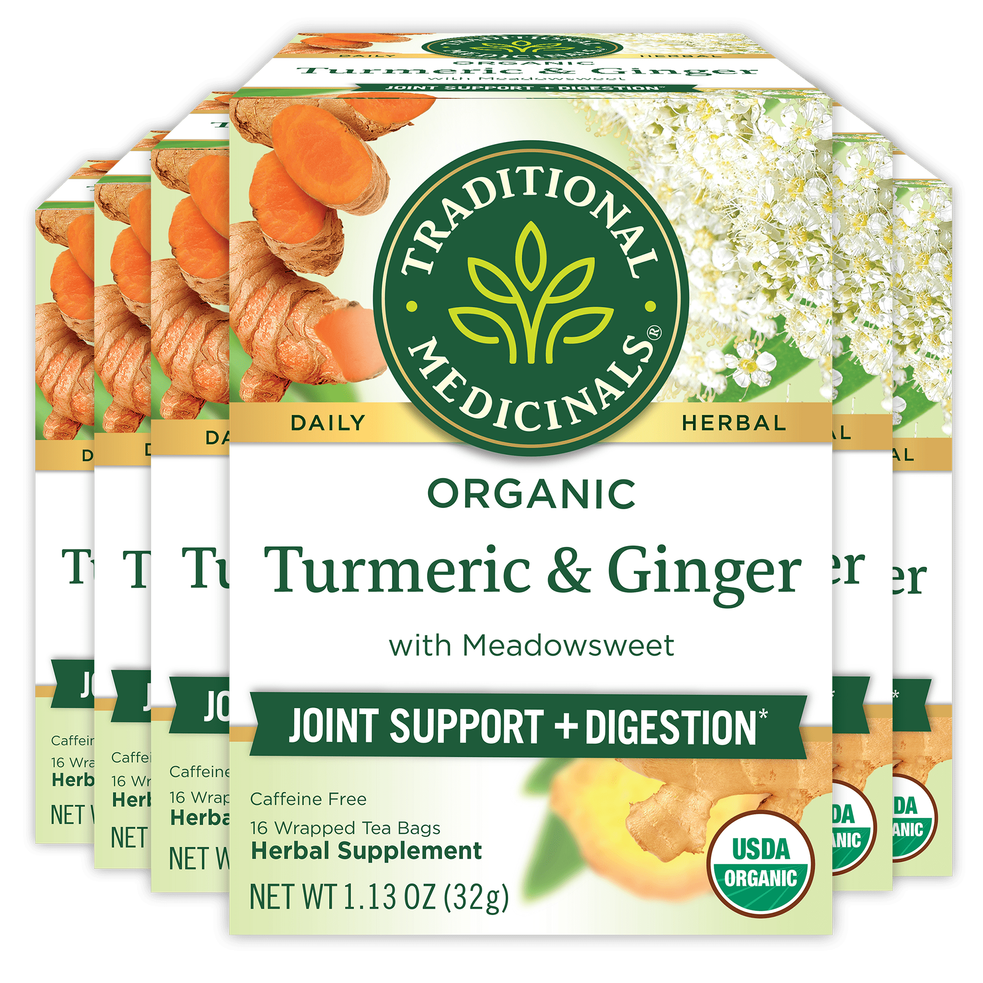 (6 pack) Traditional Medicinals, Organic Turmeric with Meadowsweet & Ginger Herbal Tea Bags, 16 Count