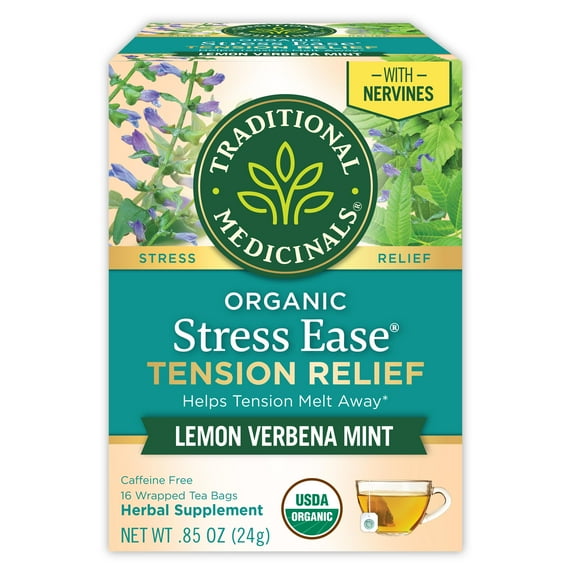 Traditional Medicinals Stress Ease Tension Relief Herbal Tea Bags, Caffeine Free, Lemon, Verbena and Mint - 16 Count