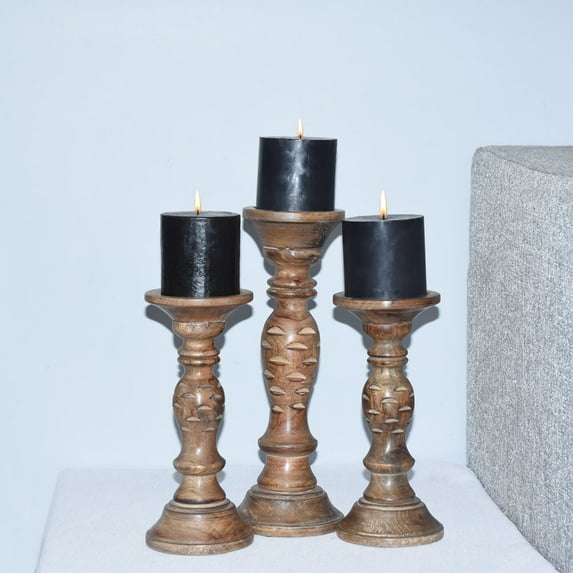 Traditional Medium Burnt Eco-friendly Handmade Mango Wood Set Of Three 9",12" & 9" Pillar Candle Holder for use, Living Room, Dinning Room, Study Room, Spa, Restaurants, Place Of Worship, etc