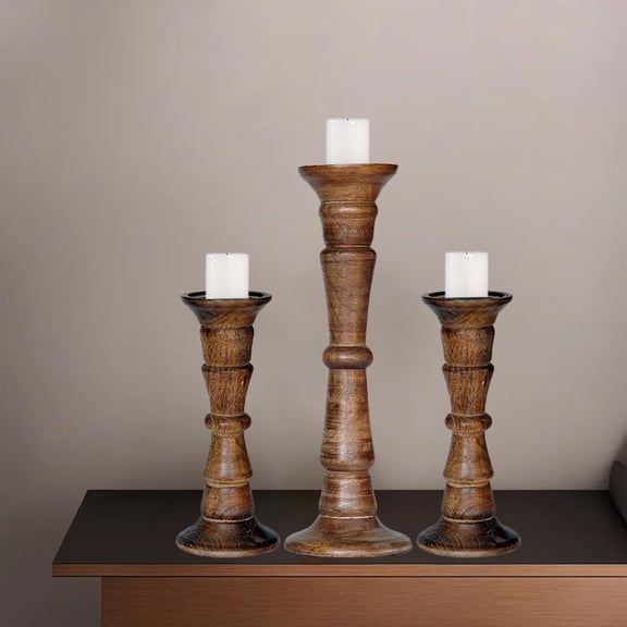 Medium Burnt Eco-friendly Handmade Mango Wood Set Of Three 9",15" & 9" Pillar Candle Holder for use, Living Room, Dinning Room, Study Room, Spa, Restaurants, Place Of Worship, etc