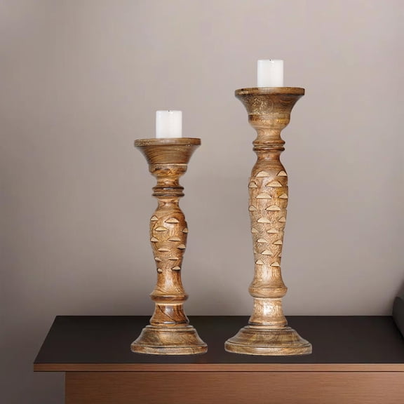 Eco-Friendly Traditional Medium Burnt Handmade Mango Wood Set Of Two 12" & 15" Pillar Candle Holder for use, Living Room, Dinning Room, Study Room, Spa, Restaurants, Place Of Worship, etc