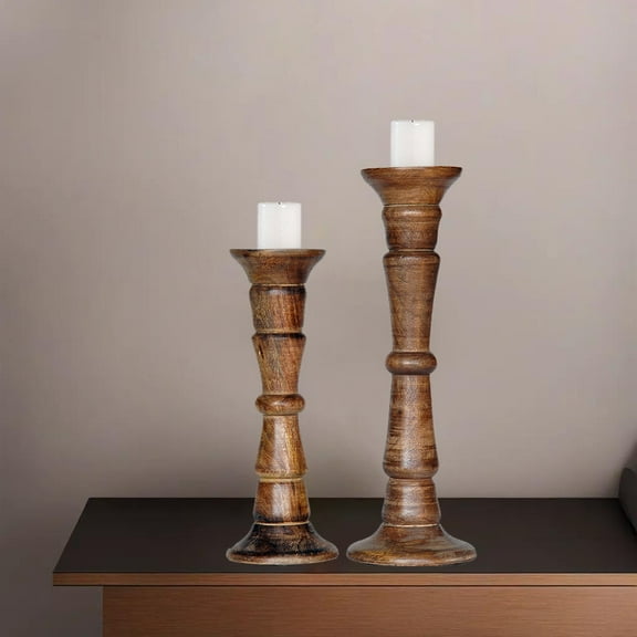 Traditional Medium Burnt Eco-friendly Handmade Mango Wood Set Of Two 12" & 15" Pillar Candle Holder for use, Living Room, Dinning Room, Study Room, Spa, Restaurants, Place Of Worship, etc