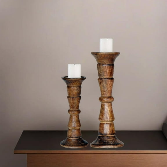 Traditional Medium Burnt Eco-friendly Handmade Mango Wood Set Of Two 9" & 12" Pillar Candle Holder for use, Living Room, Dinning Room, Study Room, Spa, Restaurants, Place Of Worship, etc