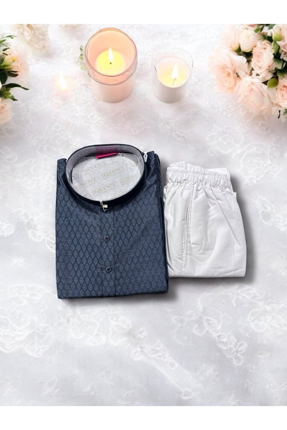 Traditional Men's Dark Gray Color Silk Kurta Pajama Set, Cultural Wear, 6690