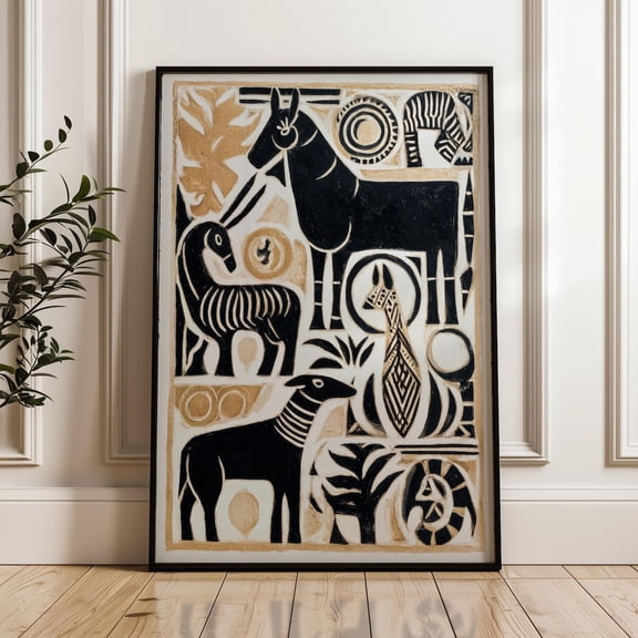 Traditional Mexican Animal Poster, Black And Gold Folk Art Print, Geometric Abstract Home Decor UNFRAMED Poster, Wall Art for Decor, Present, 8x12