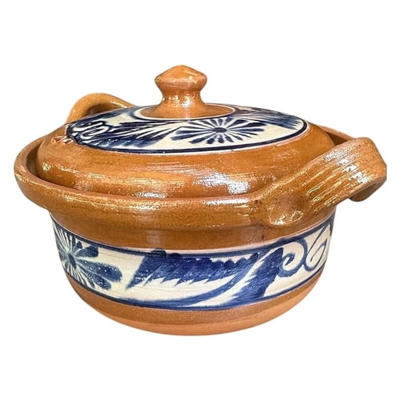 Traditional Mexican Barro Bean and Chili Pot Handcrafted Clay Pot, 10 Inches Wide, & Oven Safe, with Blue Accents Perfect for Cooking and Serving