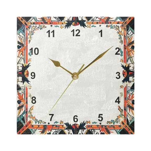 Traditional Mexican Pattern Frame Wall Clock Battery Operated Silent Non-Ticking Bedroom Office Kitchen Home School Decor 7.8"(Gold)